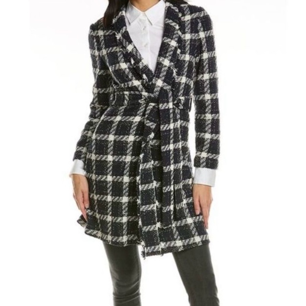 Ted Baker Karynet Boucle Coat Blue Size 1 Open Front Tie at Waist Pockets